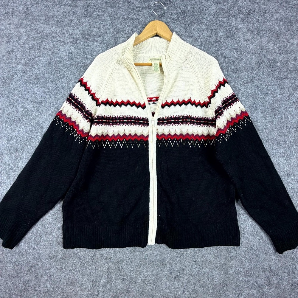 Vintage St. Johns Bay Sweater Women 2XL Black Beige Fair Isle Full Zip Apres Ski